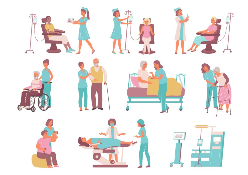 Illustrations vectorielles de professionnels de santé accompagnant des patients dans différentes situations de soins et de rééducation