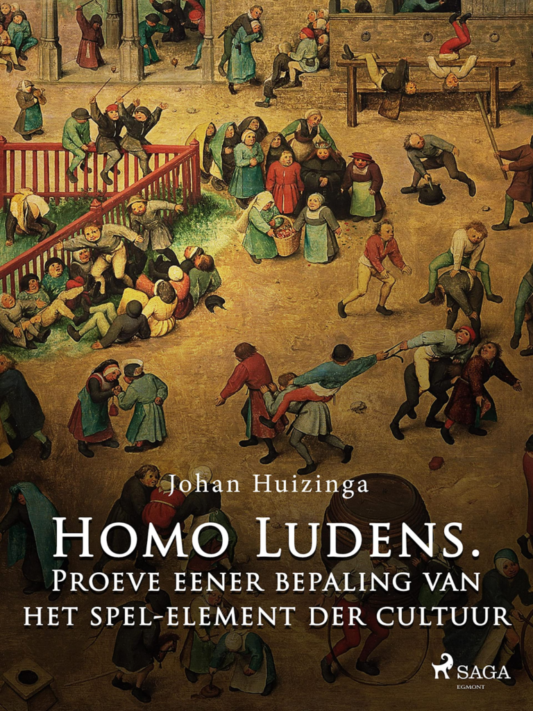 Couverture de l'ouvrage Homo Ludens. Proeve einer bepaling van het spel-element der cultuur (Essai sur la fonction sociale du jeu) de Johan Huizinga, illustrée par une peinture Renaissance représentant une scène de jeu et de vie quotidienne. Des enfants et des adultes s'adonnent à des activités ludiques dans un cadre villageois animé, soulignant le rôle central du jeu dans la culture et la société, thème principal de l'essai de Huizinga.