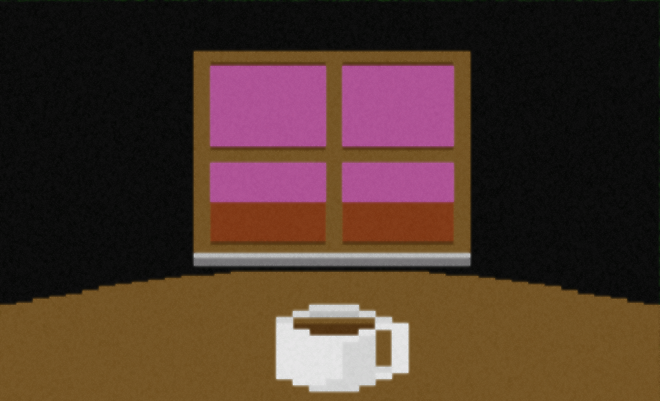 Capture d’écran stylisée du jeu A Slow Year (Ian Bogost, 2010) : une tasse de café pixelisée posée sur un sol, face à une fenêtre aux vitres roses et rouges, illustrant l’esthétique minimaliste et contemplative du jeu. Cette scène reflète l’une des quatre saisons poétiques du jeu, conçues pour être jouées en temps réel, invitant à une expérience ludique lente et réflexive.