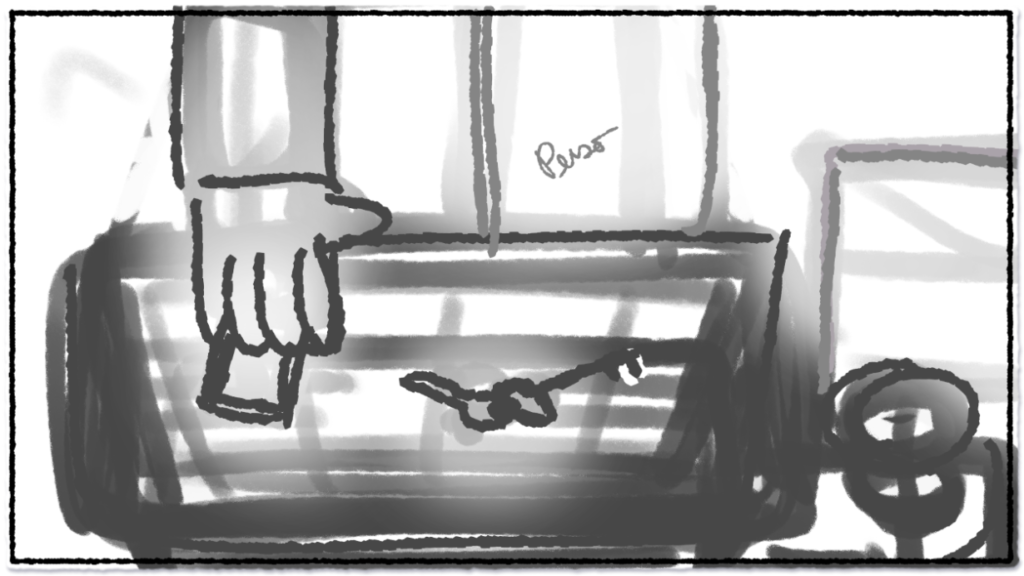 Esquisse en noir et blanc du jeu malaxage où l'on voit une mains essayant d'attraper des clefs dans un malaxeur