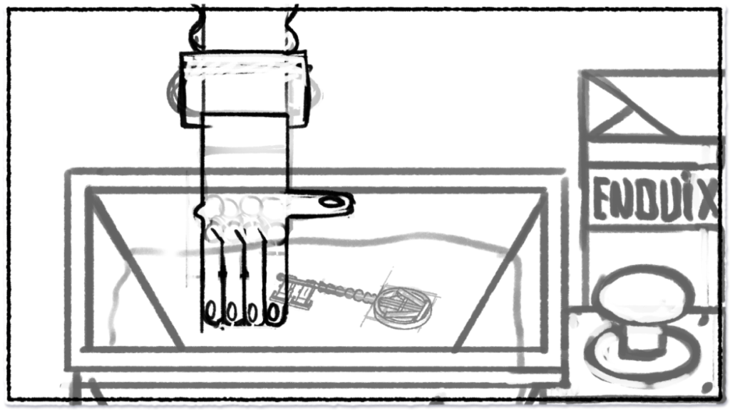 Croquis plus précis en noir et blanc du jeu malaxage où l'on voit une mains essayant d'attraper des clefs dans un malaxeur