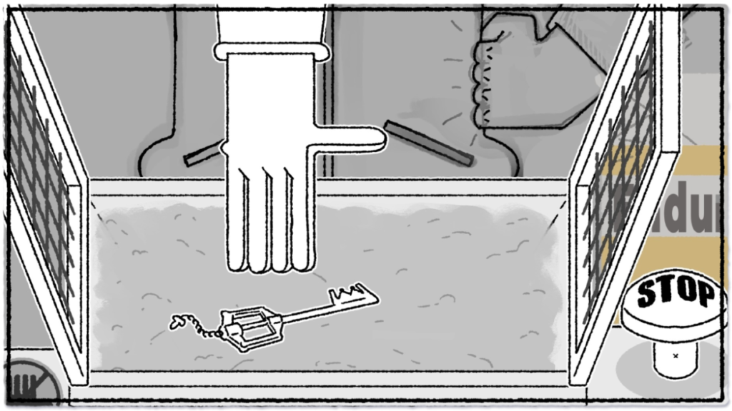 Dessin terminé en noir et blanc du jeu malaxage où l'on voit une mains essayant d'attraper des clefs dans un malaxeur