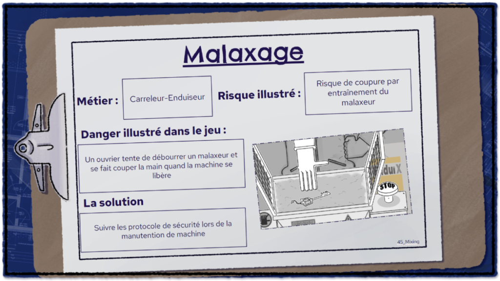Fiche présentant le jeu vidéo de prévention sur mesure malaxage, le risque qu'il démontre et sa solution 