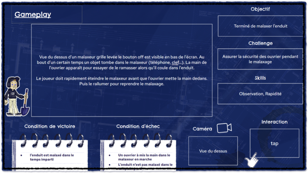 Fiche expliquant plus en détail le jeu vidéo de prévention sur mesure malaxage, le risque qu'il démontre, sa solution, des descriptions des images de gameplay