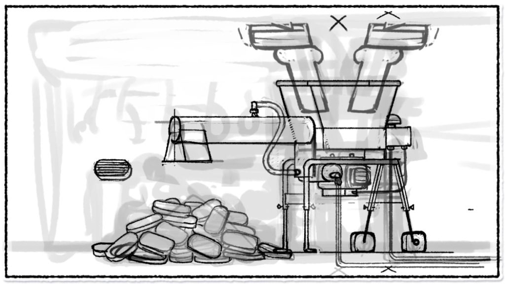 Esquisse en noir et blanc du wasted du jeu malaxage où le personnage tombe dans le malaxeur et finit en steak