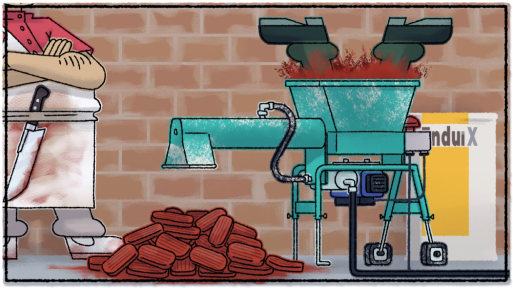 Dessin teminé du wasted du jeu malaxage où le personnage tombe dans le malaxeur et finit en steak