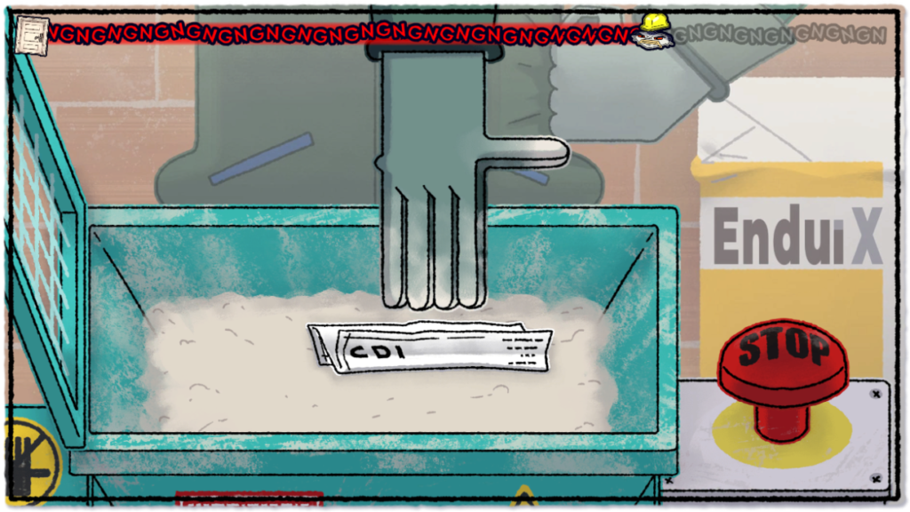 Image du jeu malaxage où l'on voit une main essayer de récupérer un contrat dans le malaxeur 